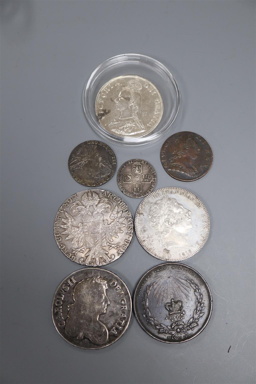 A Charles II 1673 crown, an 1889 double florin, an 1818 crown, a